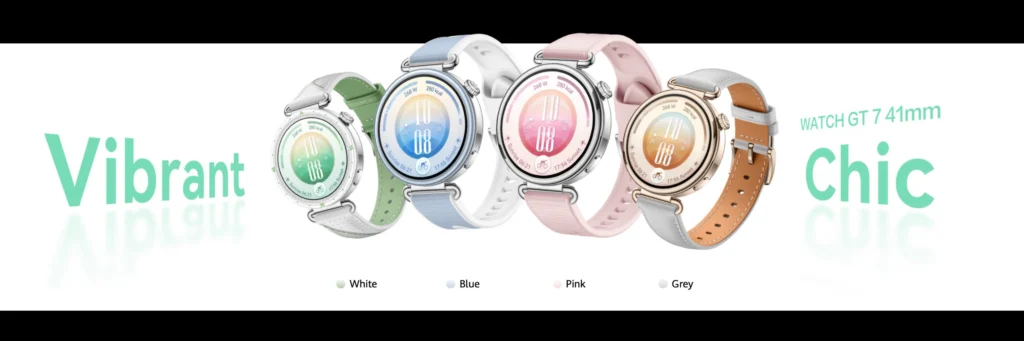 Four styles of the HUAWEI WATCH GT 7 41mm smartwatch arranged in a row with distinct color options labeled White, Blue, Pink, and Grey, accompanied by text reading "Vibrant Chic".