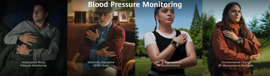 A four-panel split graphic depicting different users taking blood pressure readings on their smartwatch during sleeping, relaxing, outdoor sports, and hiking, with text highlighting 24-hour Ambulatory Blood Pressure Monitoring features.