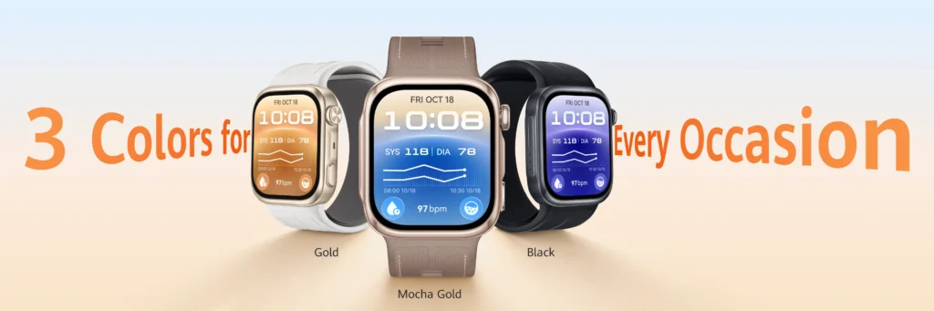 Three rectangular HUAWEI WATCH D3 smartwatches standing upright displaying blood pressure and heart rate metrics, available in Gold, Mocha Gold, and Black finishes with text reading "3 Colors for Every Occasion".