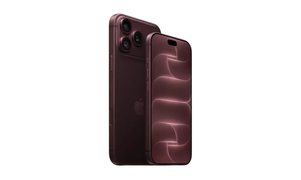 A product studio photo showing the front and back of a dark red iPhone 18 Pro. The back view highlights the prominent triple-camera module and Apple logo, while the front screen displays a dark, wave-patterned wallpaper with the Dynamic Island cutout at the top.
