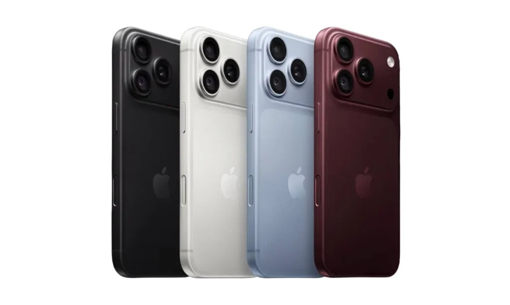 A lineup showing four color variants of the iPhone 18 Pro side-by-side, viewed from the rear, including Black, White/Silver, Light Blue, and Dark Red.