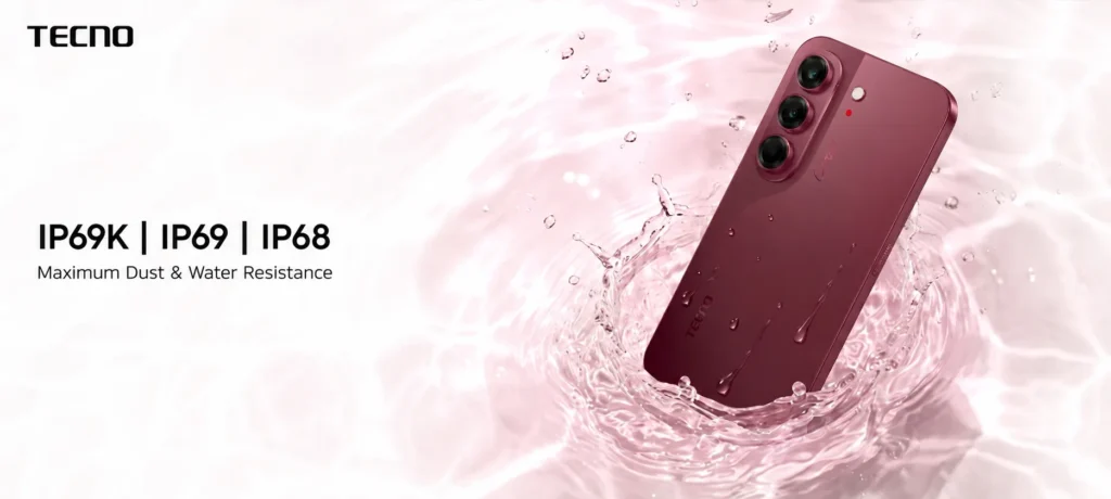 Burgundy Red TECNO CAMON Slim 5G splashing into clear pink-tinted water, illustrating its IP69K, IP69, and IP68 maximum dust and water resistance ratings.