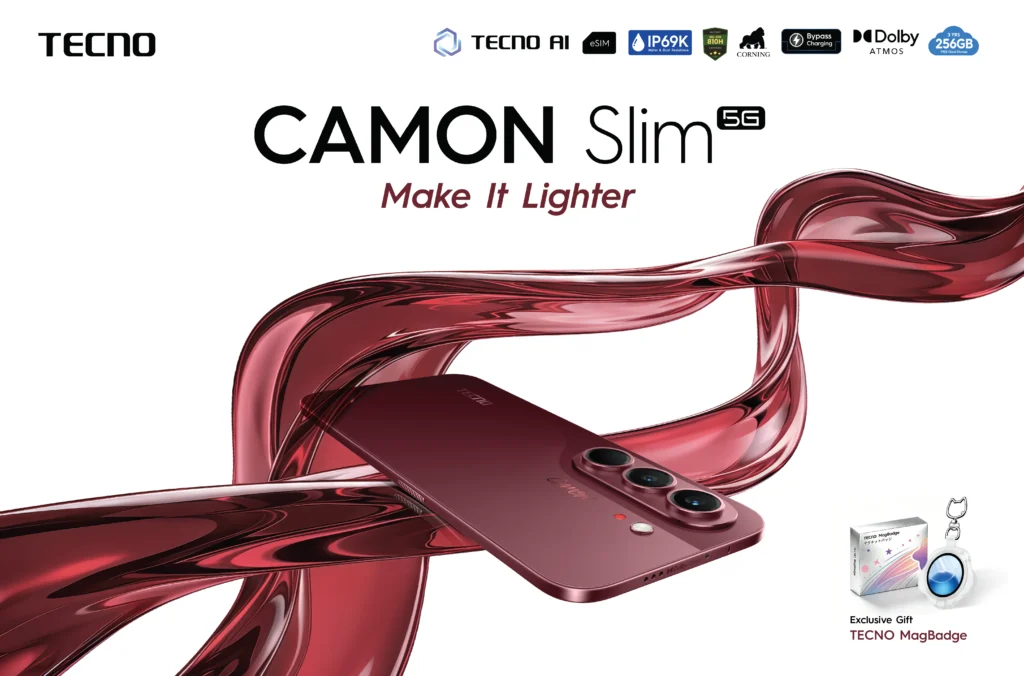 Key visual for the TECNO CAMON Slim 5G featuring a sleek Burgundy Red smartphone surrounded by dynamic, flowing translucent red waves, showcasing feature icons for TECNO AI, IP69K water resistance, Dolby Atmos, and an exclusive MagBadge gift.
