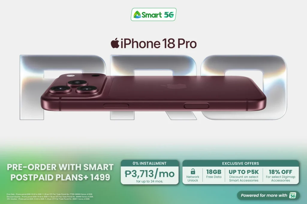 A clean promotional banner for the Smart 5G iPhone 18 Pro pre-order campaign, displaying a horizontal side profile of a dark red iPhone in front of large metallic letters spelling "PRO". Below the phone, callouts feature details for Smart Postpaid Plans+ 1499 at ₱3,713 per month on a 24-month 0% installment plan, along with offers for network unlock, 18GB free data, up to ₱5K off Smart accessories, and 18% off Digimap accessories.
