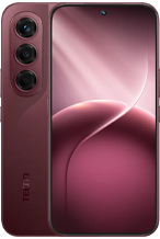 Front and back view of a burgundy TECNO CAMON Slim smartphone. The back panel features three vertically aligned camera lenses within an oval camera module, while the front displays a bezel-less screen with a smooth, curved light-pink wallpaper and a centered punch-hole selfie camera.