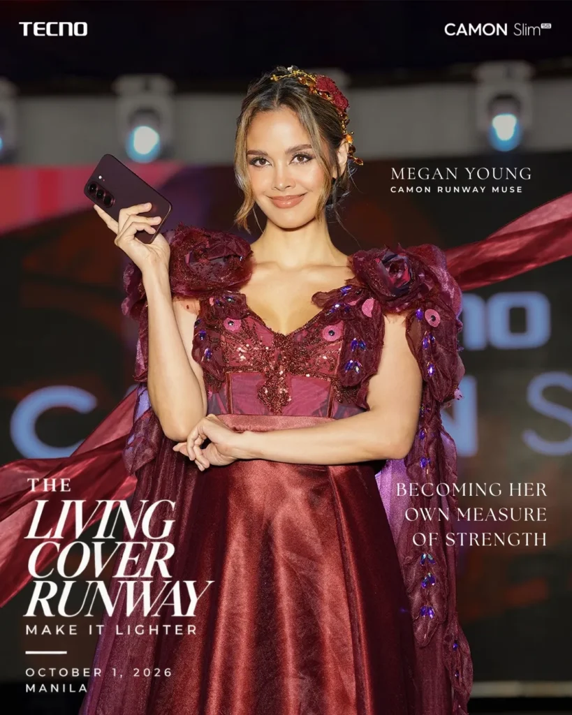 A promotional magazine-style cover photo featuring Megan Young modeling an embellished deep red gown with structured floral shoulder details and a sheer cape. She smiles at the camera while posing with a dark TECNO CAMON Slim 5G smartphone. The image features headline text reading "THE LIVING COVER RUNWAY - MAKE IT LIGHTER" and "MEGAN YOUNG - CAMON RUNWAY MUSE".