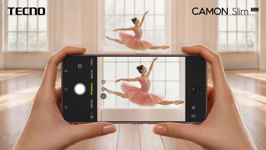 Hands holding a TECNO CAMON Slim 5G smartphone capturing a ballerina leaping in mid-air using the camera's "FlashSnap" feature, demonstrating high-speed action photography.