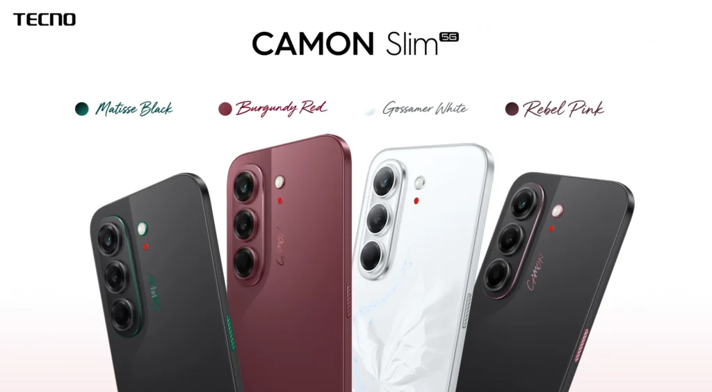Showcase line-up of the TECNO CAMON Slim 5G in four color variants side-by-side: Matisse Black, Burgundy Red, Gossamer White with a subtle butterfly pattern, and Rebel Pink.