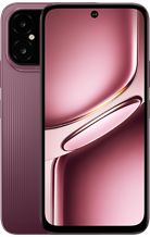 Front and back view of the itel A300+ smartphone in a metallic pink/purple finish, featuring a full-screen display with a centered hole-punch camera and a dual-camera module on the textured back panel.