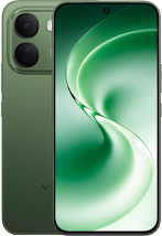 Front and back view of a green vivo V80 Lite smartphone. The back features a rounded rectangular camera module with two lenses and a flash, while the front displays a bezel-less screen showcasing a fluid, wave-like green and white wallpaper with a centered hole-punch camera cutout.